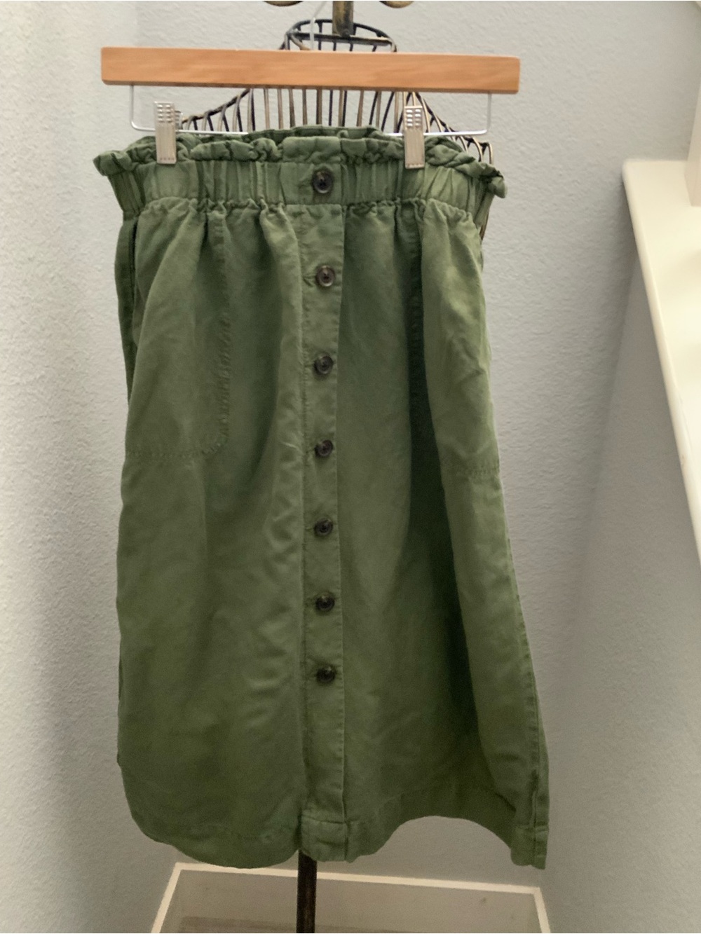 Madewell Paperbag Olive Green Button-Front Linen Blend Midi Skirt Small